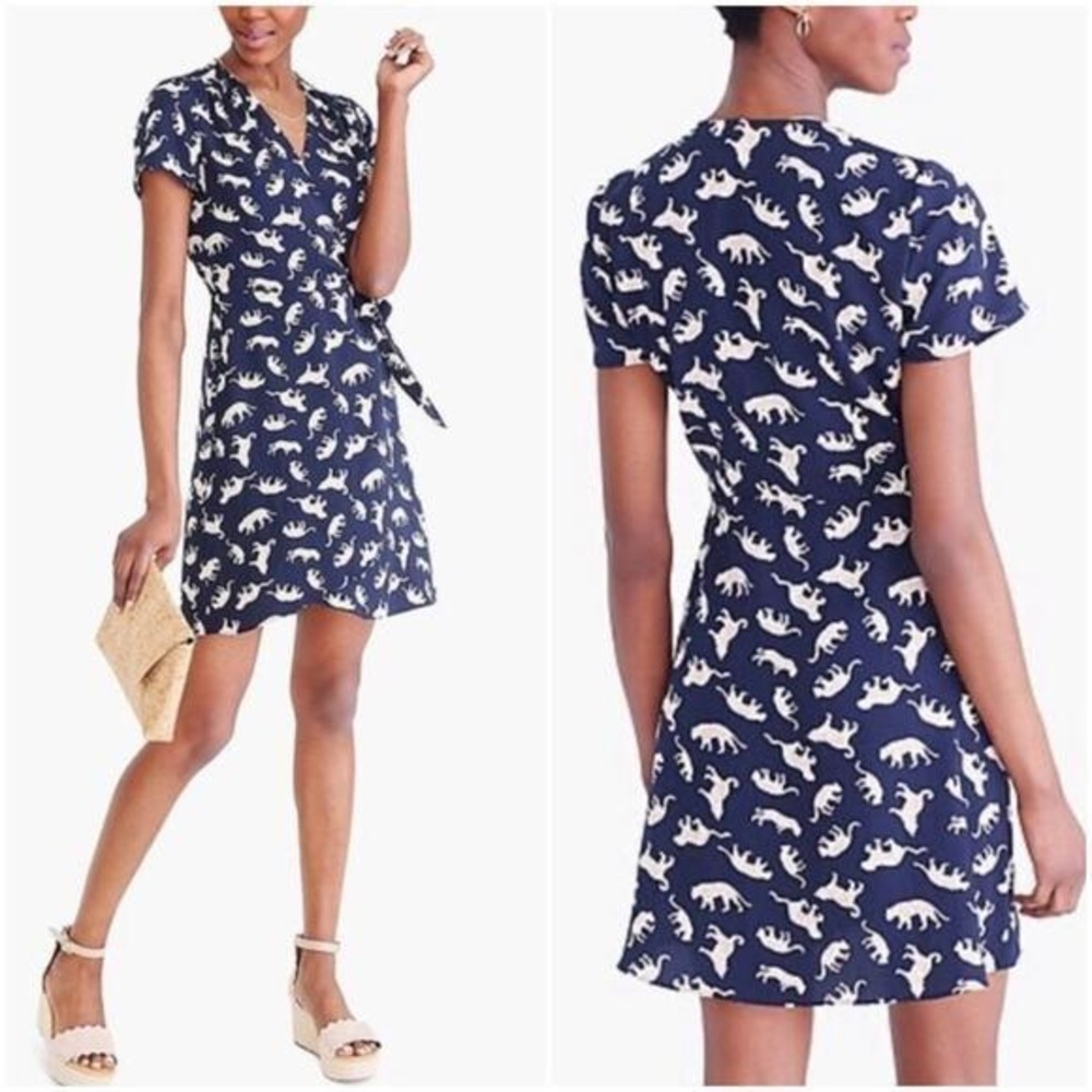 J Crew Factory Cheetah Wrap Dress Size 10 Navy Blue Mini Short Sleeve V Neck